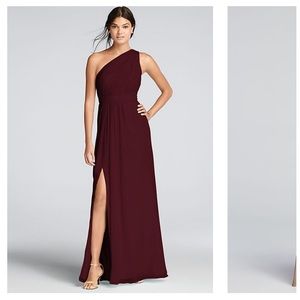 David’s Bridal Long One-shoulder Crinkle Chiffon Wine